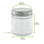 Round reusable jar glass with aluminium cap 8.4oz D:2.75in W:2.91in H:3.26in - 20 pcs Round reusable jar glass with aluminium cap 8.4oz D:2.75in W:2.91in H:3.26in - 20 pcs